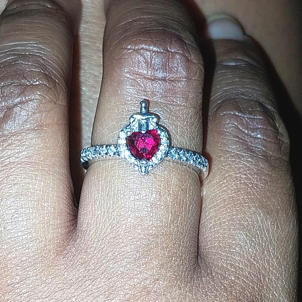 Red Heart Gemstone Silver Ring with Clear Accents Sz 8